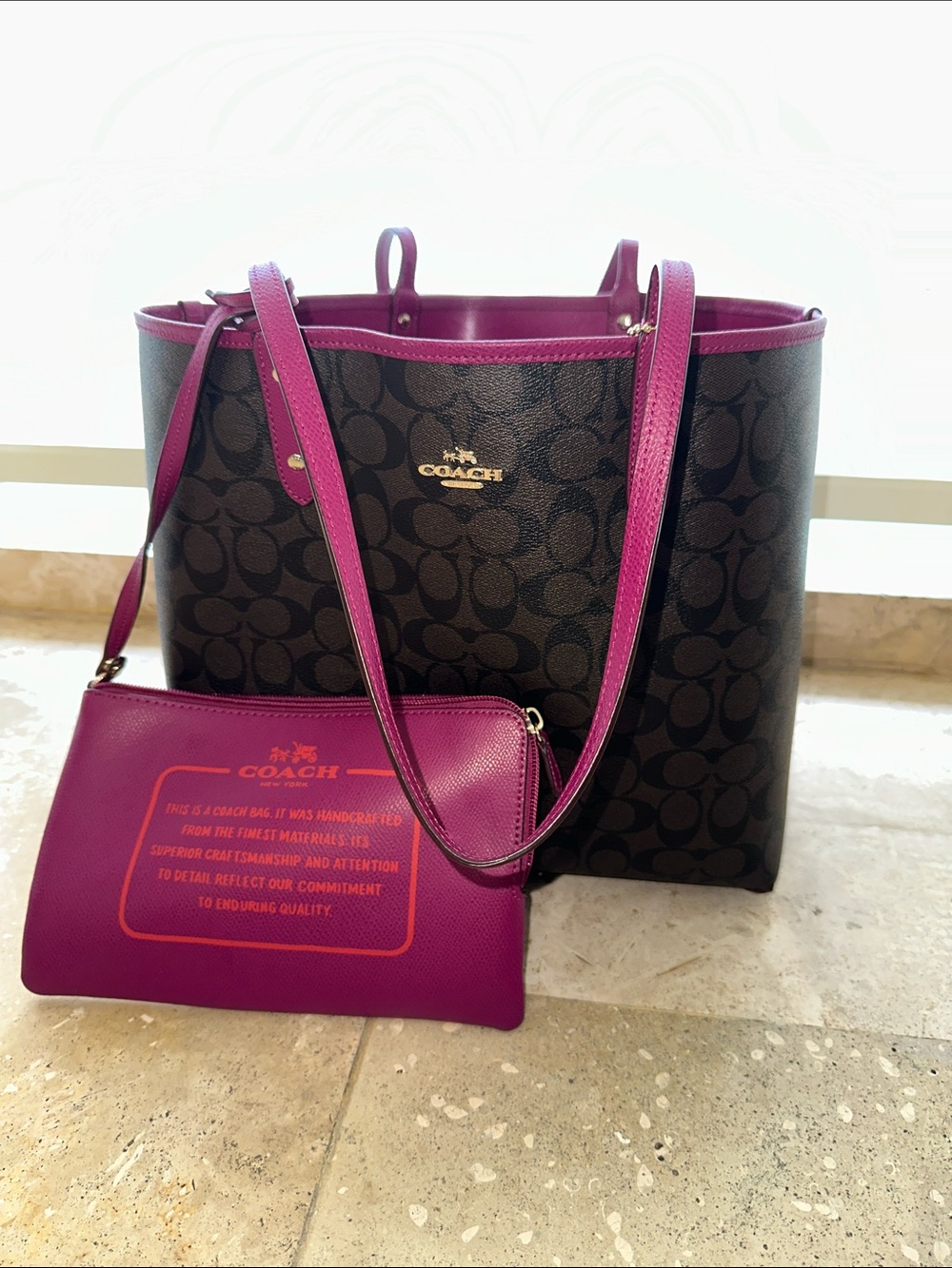 Coach Brown Signature Tote with Magenta Trim and Pouch